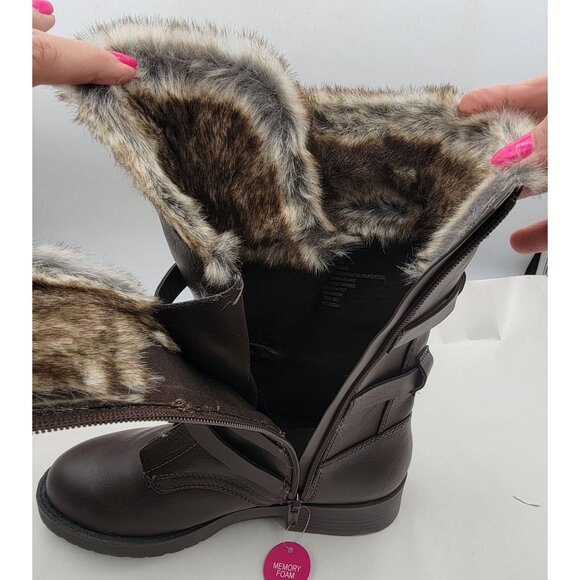 SO Boots Faux Leather Fur-Lined Buckle Strap Memory Foam Womens Size 8 in Box - Picture 7 of 11